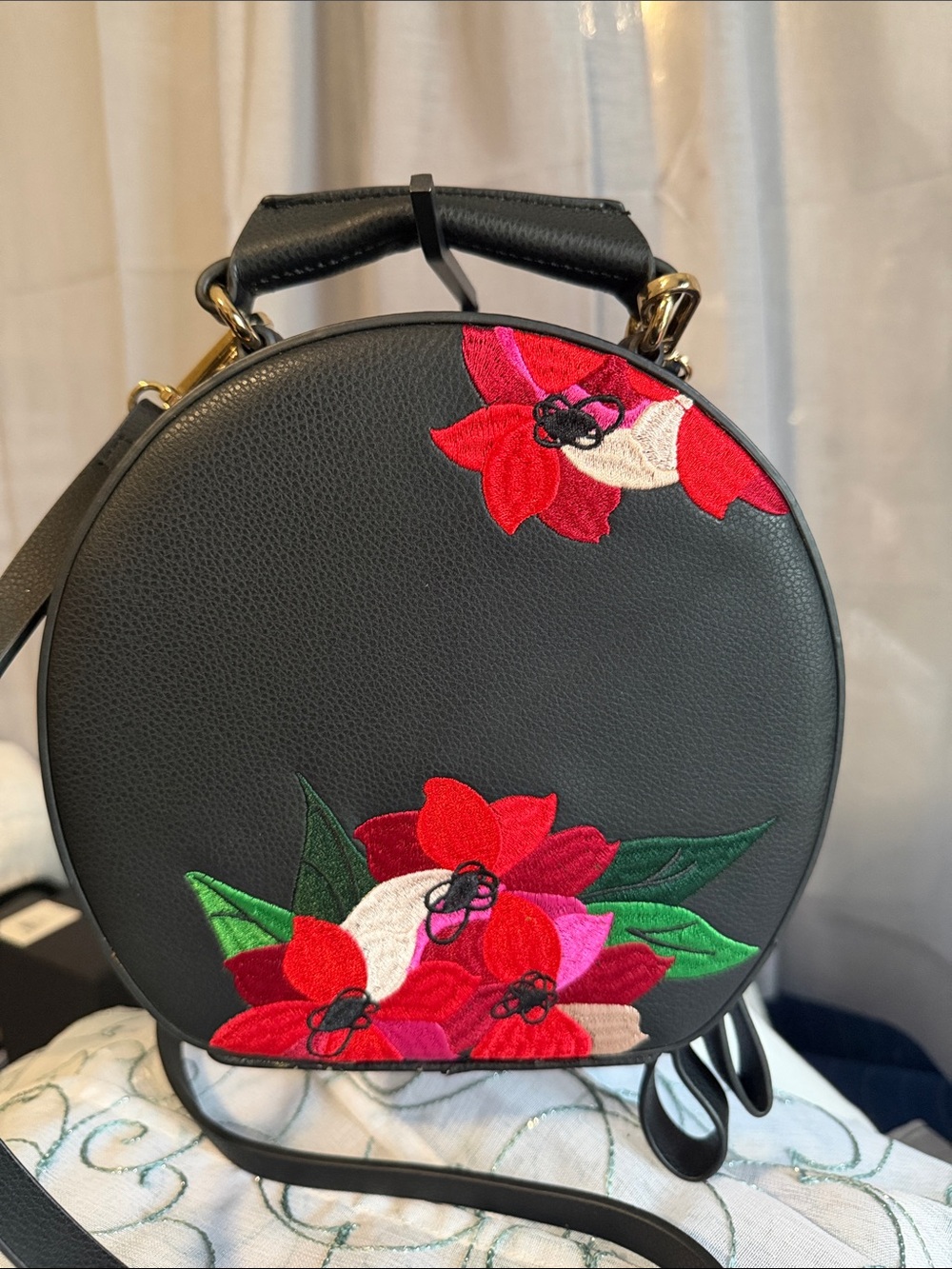 Zara Black Round Crossbody Bag with Red Floral Embroidery
